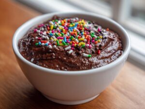 Close-up of a white bowl filled with thick, rich brownie batter dip, topped generously with rainbow sprinkles.