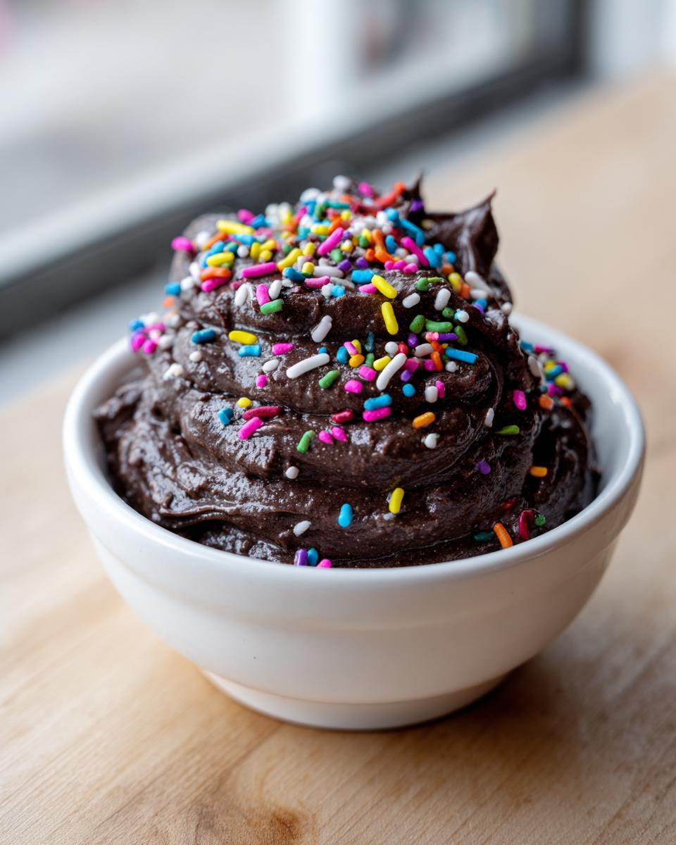 A close-up of rich, dark brownie batter dip topped generously with colorful rainbow sprinkles in a white bowl.