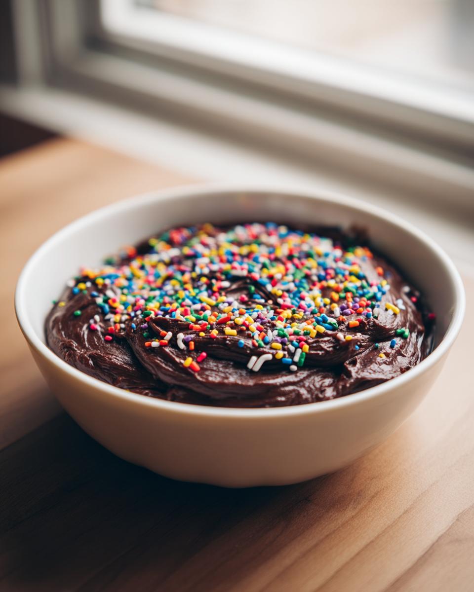 A white bowl filled with thick, rich brownie batter dip topped generously with colorful rainbow sprinkles.