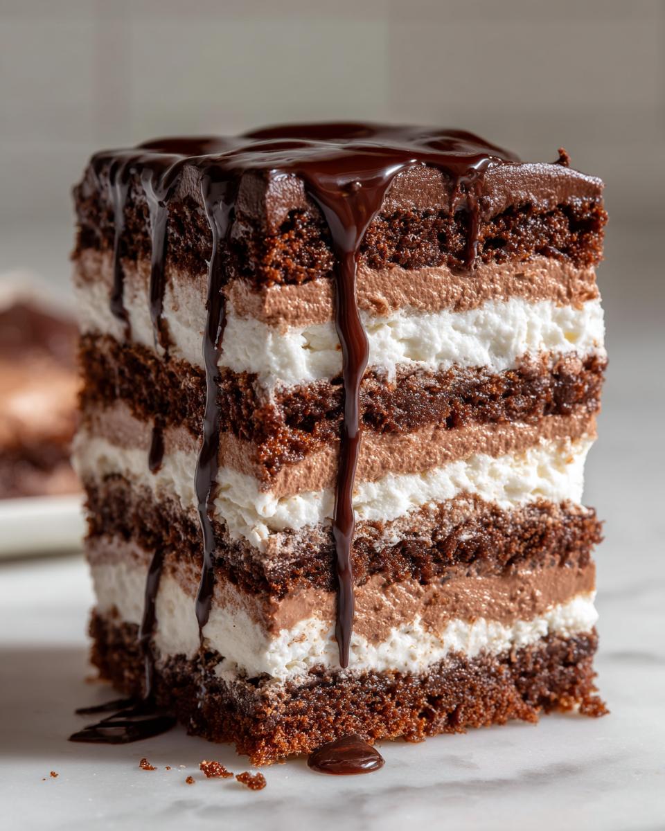 A tall, layered slice of brownie refrigerator cake featuring chocolate cake, white cream, and chocolate mousse layers, topped with dripping ganache.