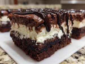 Close-up of a rich brownie refrigerator cake square showing dark chocolate base, white cream layer, and chocolate syrup drizzle.