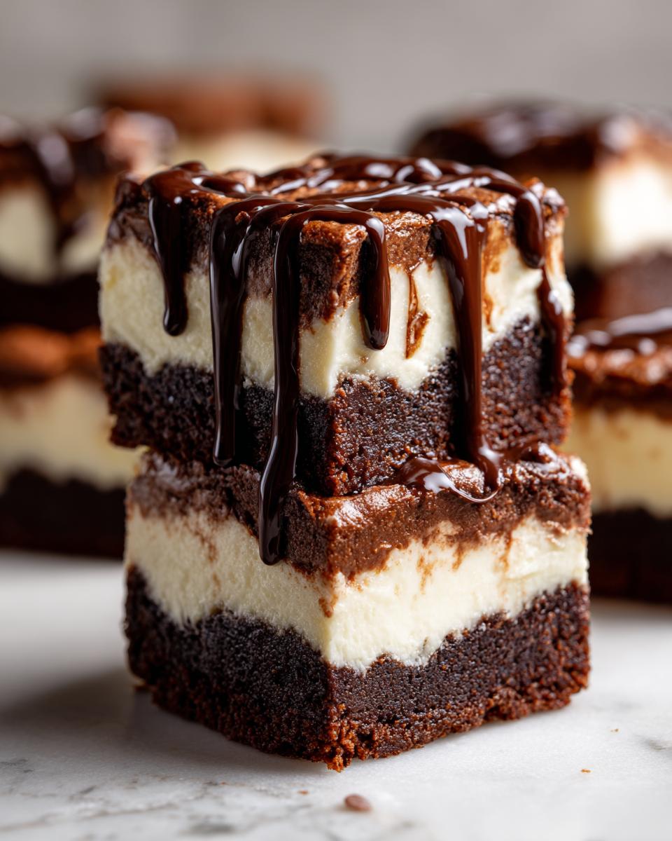 Two stacked squares of brownie refrigerator cake with a thick cream layer, drizzled heavily with chocolate sauce.
