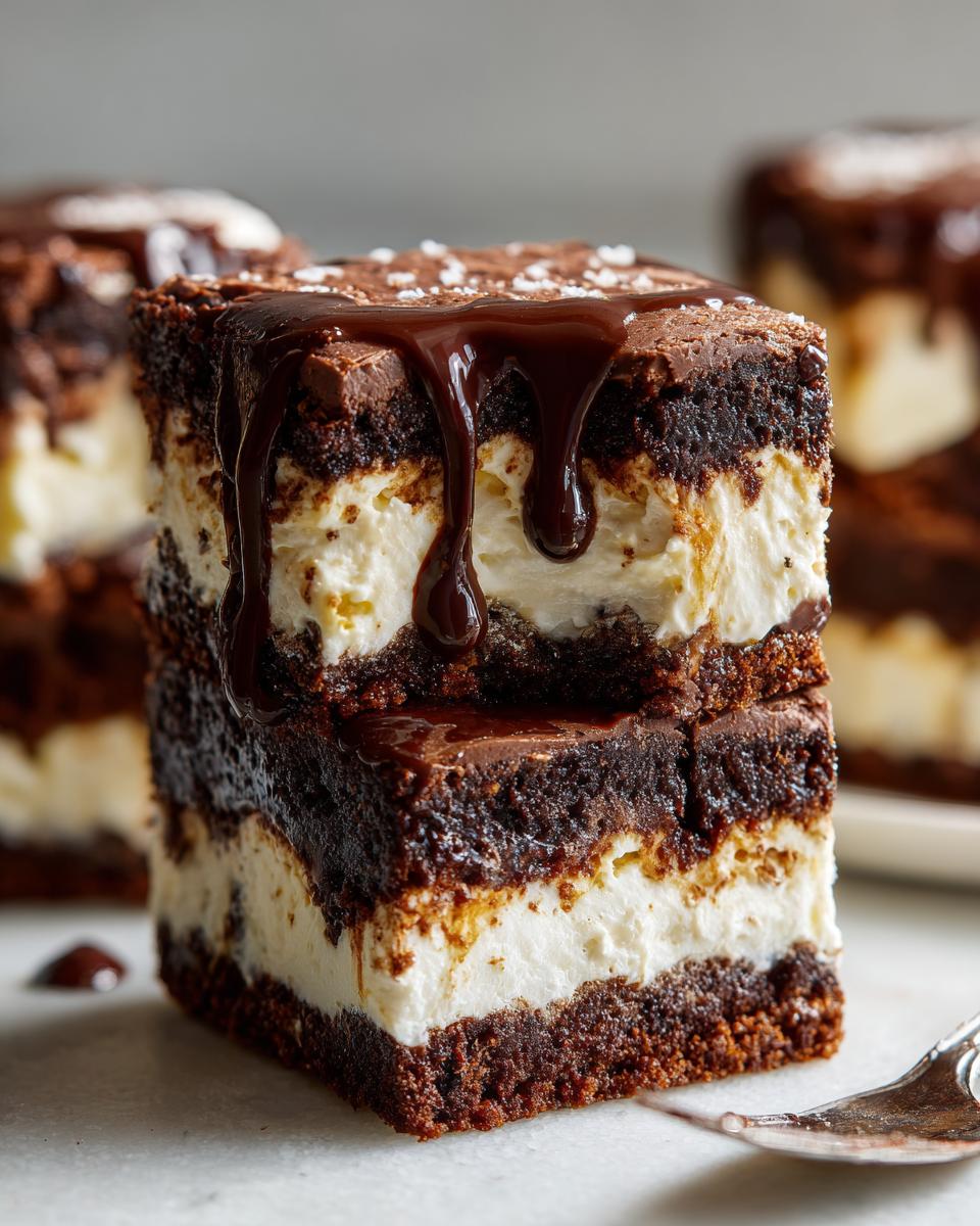 Two stacked squares of rich brownie refrigerator cake with thick cream filling and glossy chocolate sauce dripping down.
