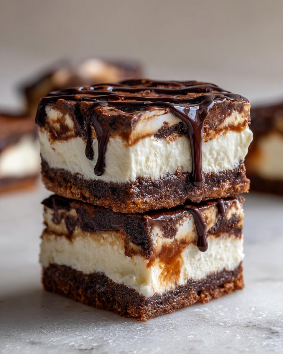 Two stacked squares of brownie refrigerator cake featuring a dark brownie base, thick white creamy layer, and chocolate drizzle.