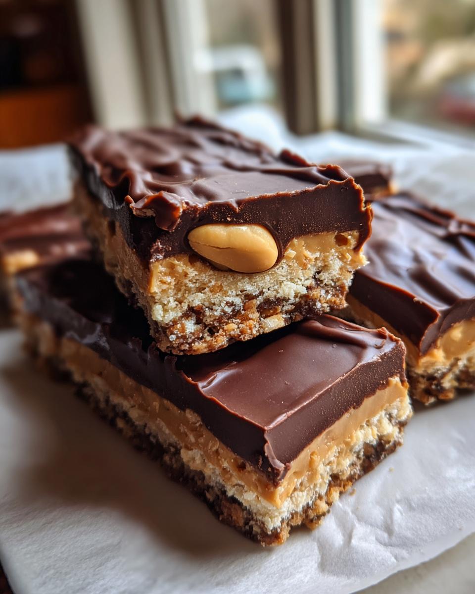 Close-up of layered buckeye graham crackers bars topped with chocolate and a visible peanut.