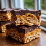 Two stacked squares of rich buckeye graham crackers bars showing crispy base, peanut butter layer, and chocolate topping.