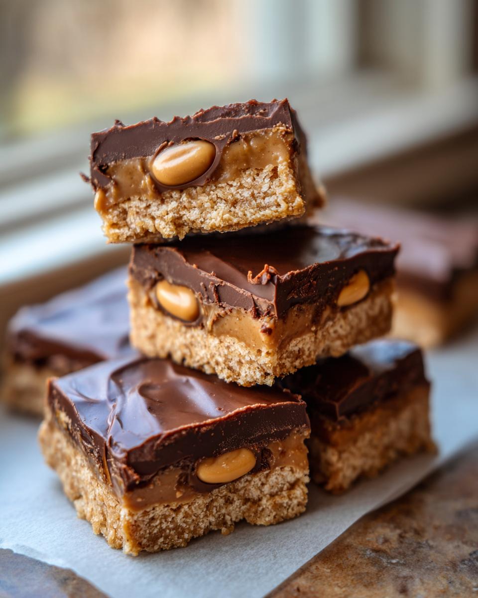 A stack of rich, layered buckeye graham crackers bars topped with chocolate and visible peanuts.