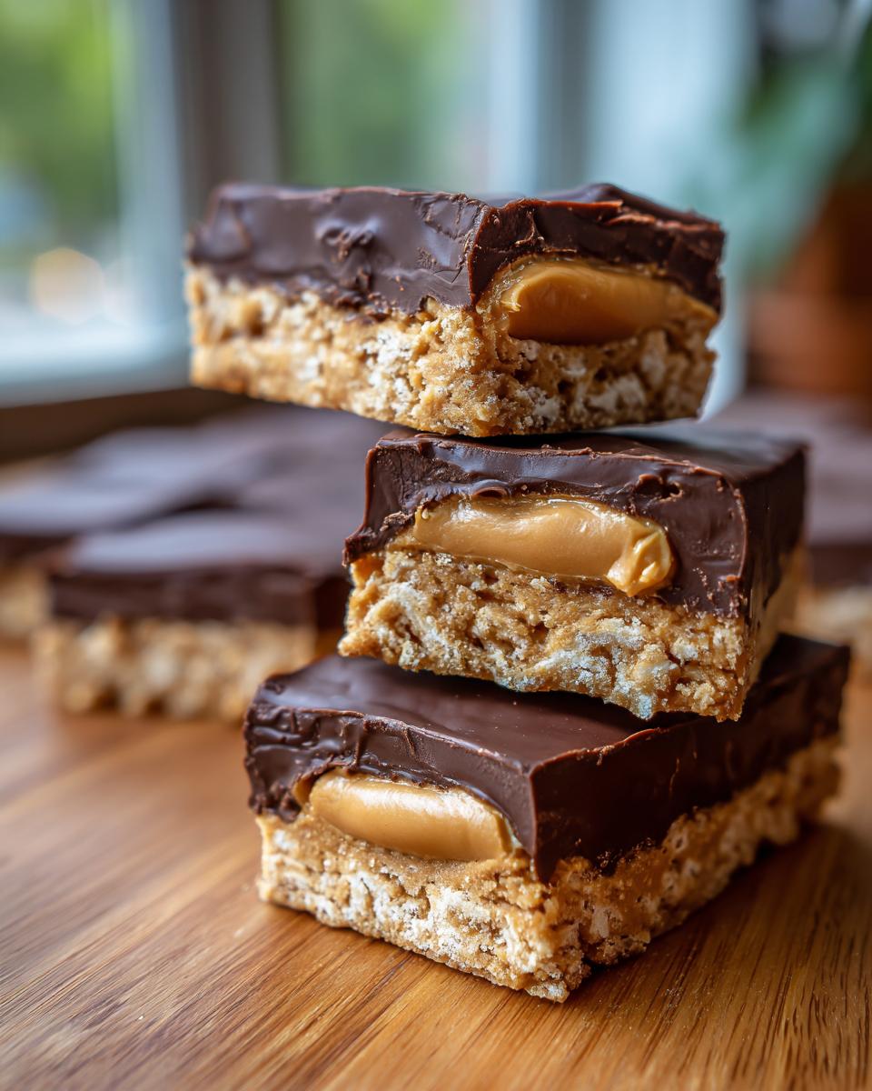Stack of three rich chocolate-covered bars with peanut butter filling, resembling buckeye graham crackers.