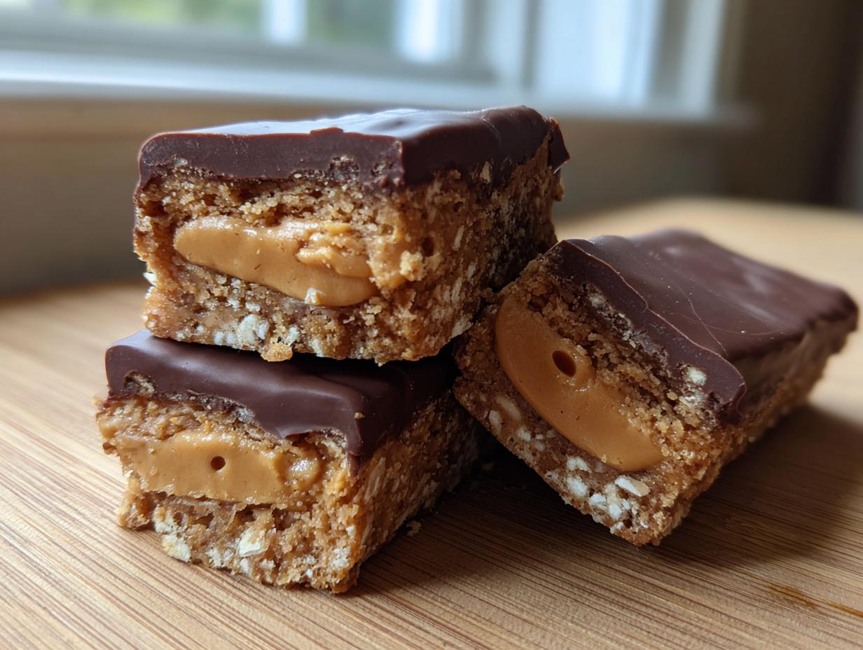 Three stacked bars of buckeye graham crackers showing the peanut butter filling and chocolate topping.