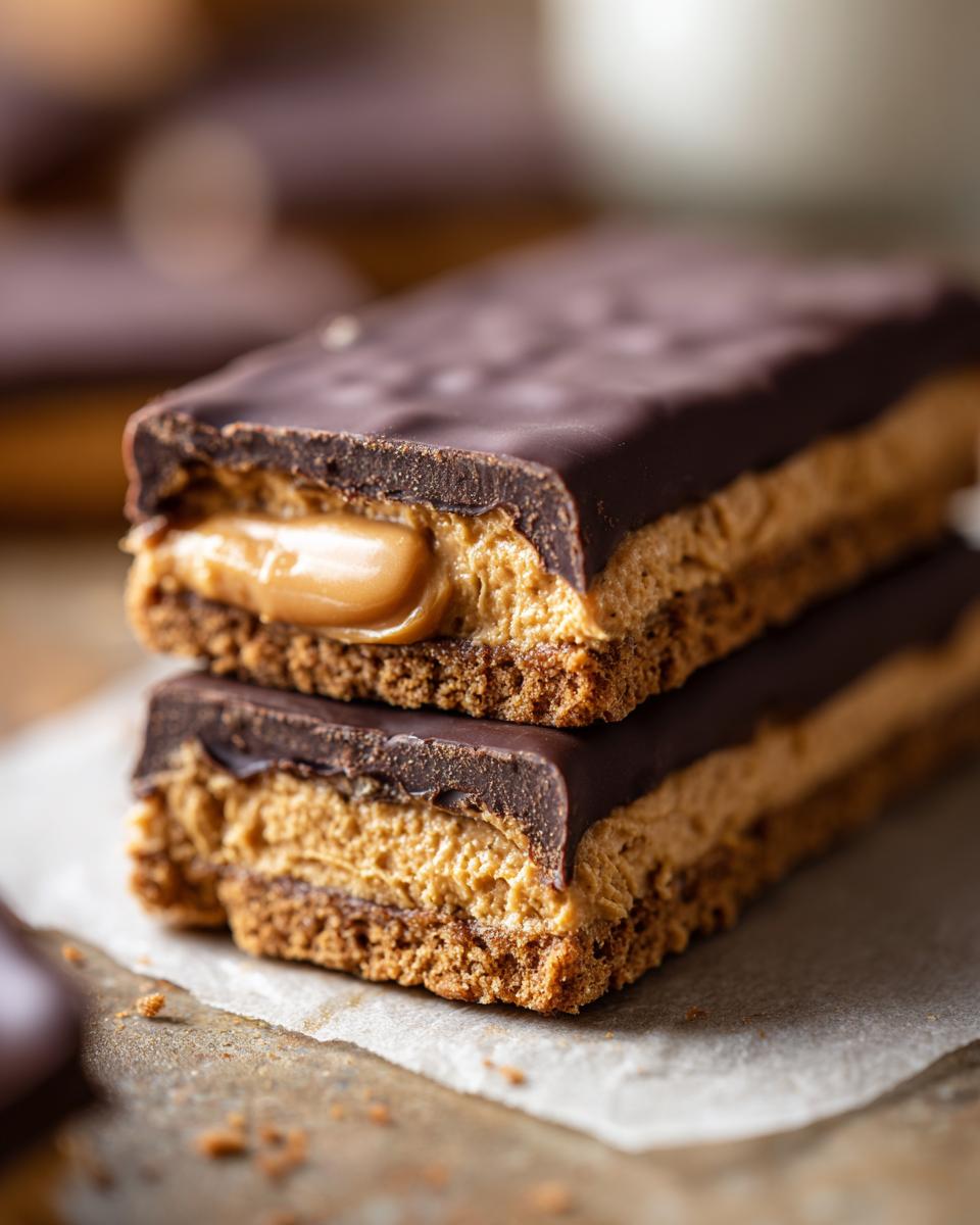 Two stacked bars of buckeye graham crackers showing a graham base, peanut butter filling, and chocolate topping.