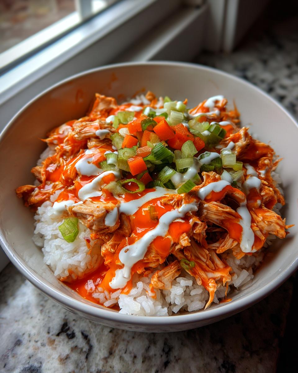 A close-up of a delicious buffalo chicken bowl featuring shredded chicken coated in orange sauce over white rice, topped with ranch and chopped celery/carrots.