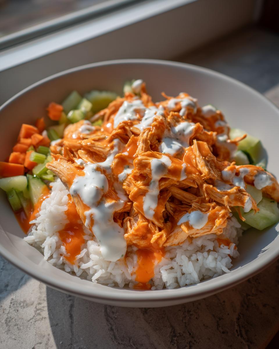 A close-up of a delicious buffalo chicken bowl featuring shredded chicken tossed in orange sauce over white rice, drizzled with ranch dressing, and served with chopped cucumbers and carrots.