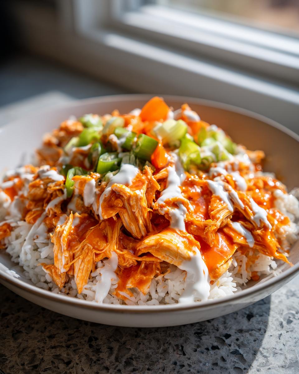 A close-up of a vibrant buffalo chicken bowl featuring shredded chicken coated in orange sauce over white rice, drizzled with ranch, and topped with green onions.