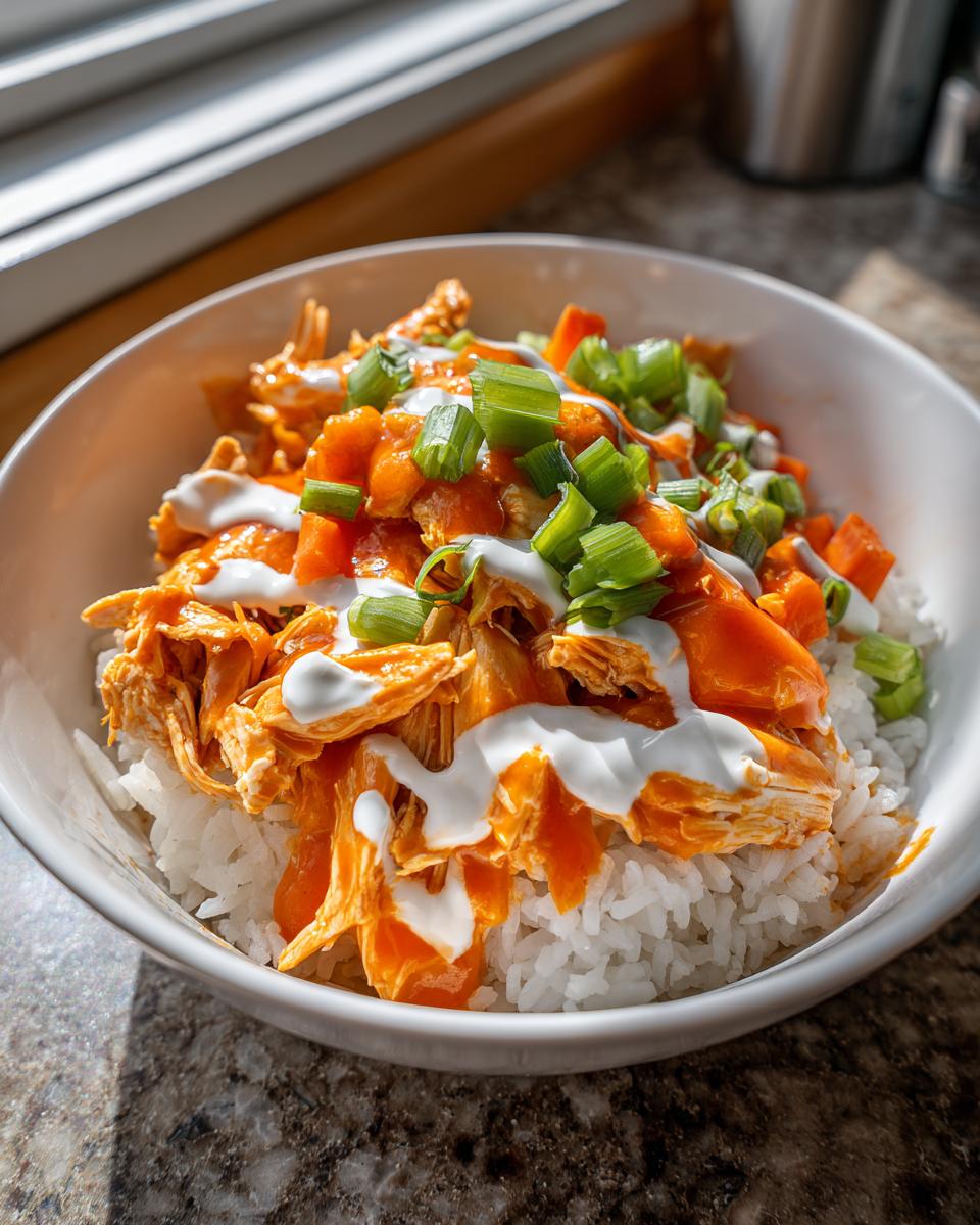 A close-up of a white bowl filled with white rice topped with shredded buffalo chicken, orange vegetable pieces, a drizzle of white sauce, and chopped green onions in a buffalo chicken bowl.