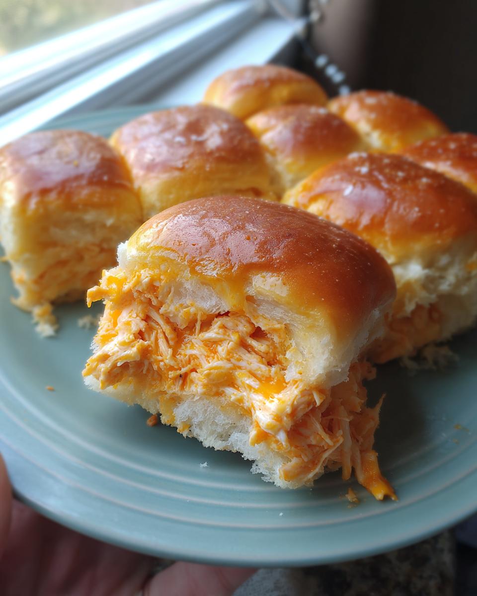 A close-up view of one of the buffalo chicken sliders cut in half, showing the shredded chicken filling inside a golden roll.