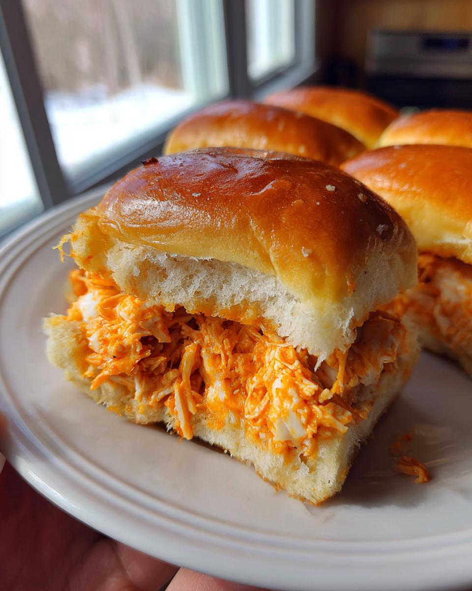 A close-up of a single serving of buffalo chicken sliders on a white plate, showing shredded chicken filling.