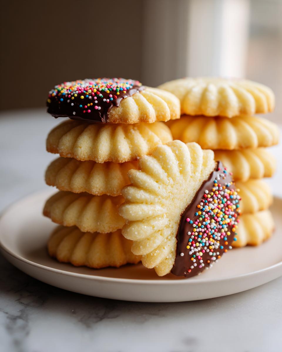 A stack of piped butter cookies, some dipped in chocolate and covered with colorful sprinkles.