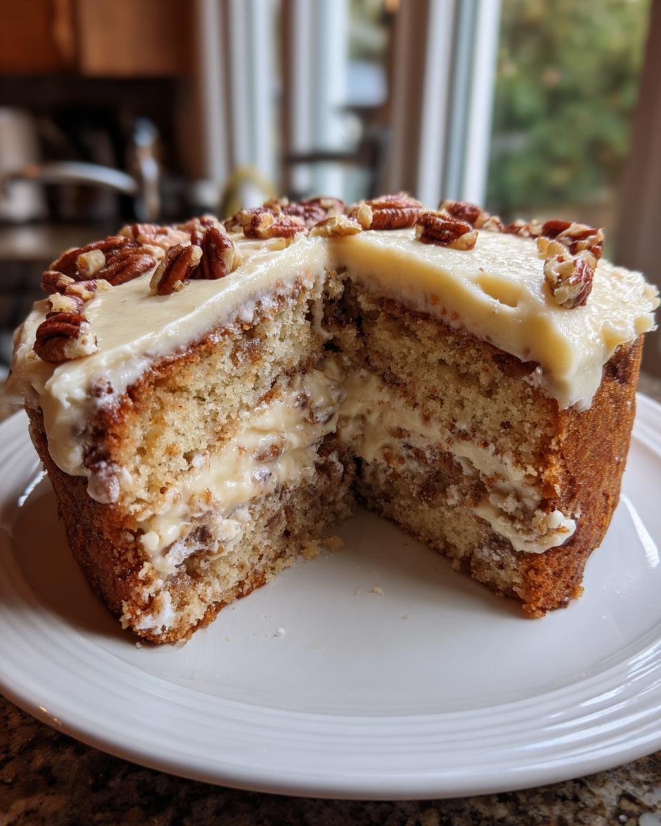A cross-section view of a moist butter pecan praline poke cake topped with frosting and pecans.