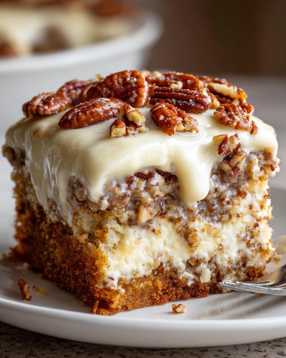 Close-up of a moist slice of butter pecan praline poke cake topped with thick white frosting and candied pecans.