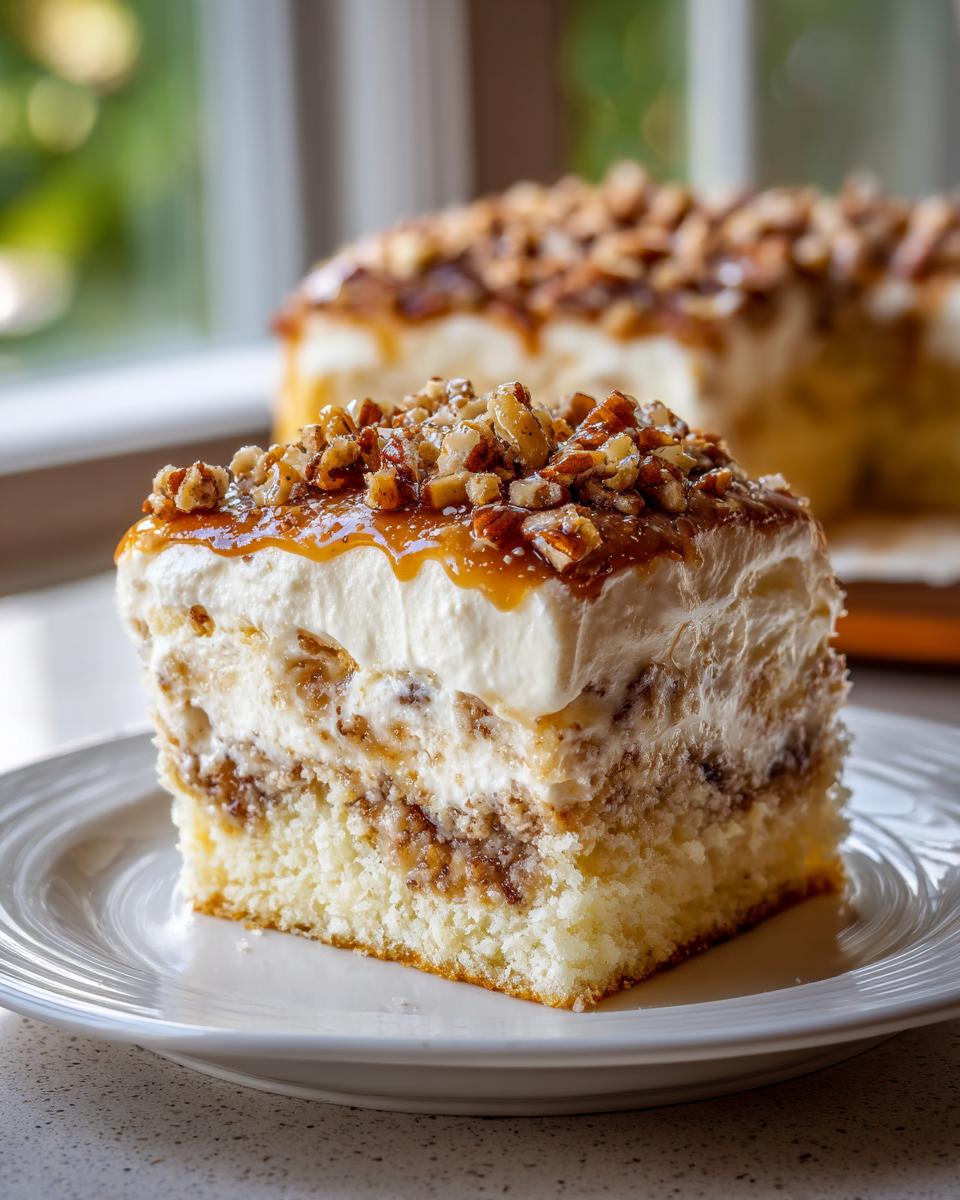 A generous slice of butter pecan praline poke cake featuring layers of moist cake, creamy filling, and pecan topping.