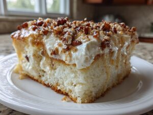 A moist slice of butter pecan praline poke cake topped with whipped cream and candied pecans.