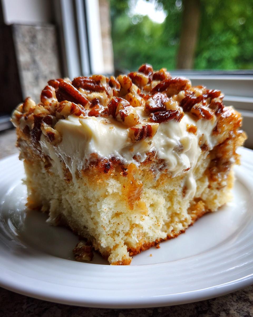 A moist slice of butter pecan praline poke cake topped with thick white frosting and candied pecans.