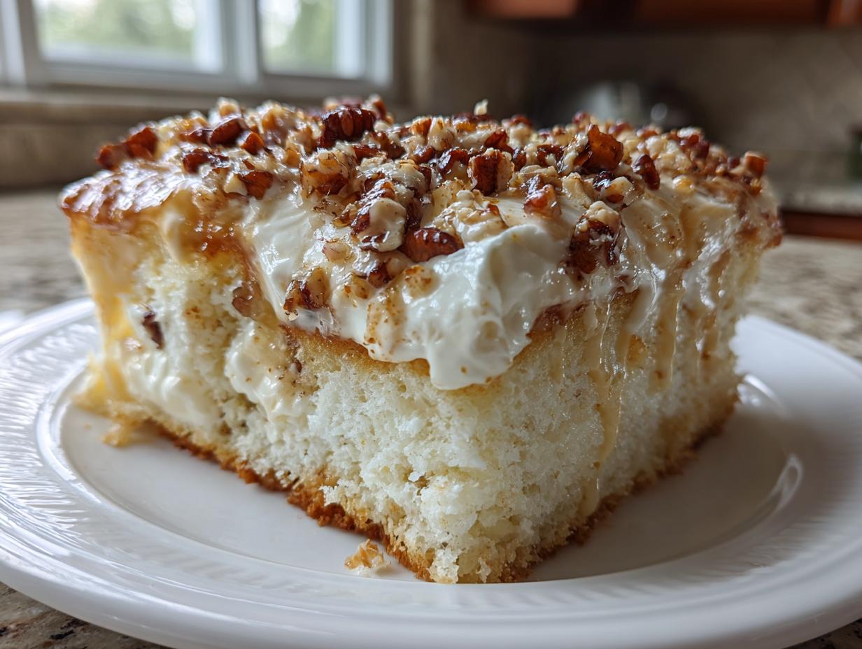 A moist slice of butter pecan praline poke cake topped with whipped cream and candied pecans.