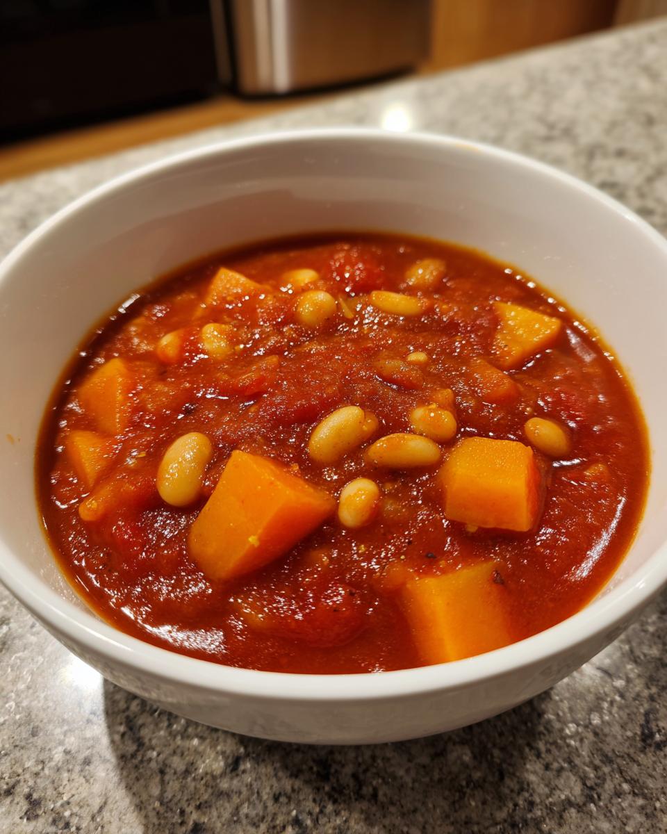 Close-up of a white bowl filled with hearty butternut squash chili, featuring chunks of orange squash and white beans in a rich tomato base.