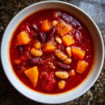 Overhead view of a rich, red butternut squash chili featuring chunks of orange squash, kidney beans, and white beans.
