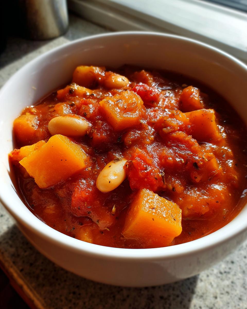 A close-up view of hearty butternut squash chili featuring large orange chunks of squash and white beans in a rich tomato base.