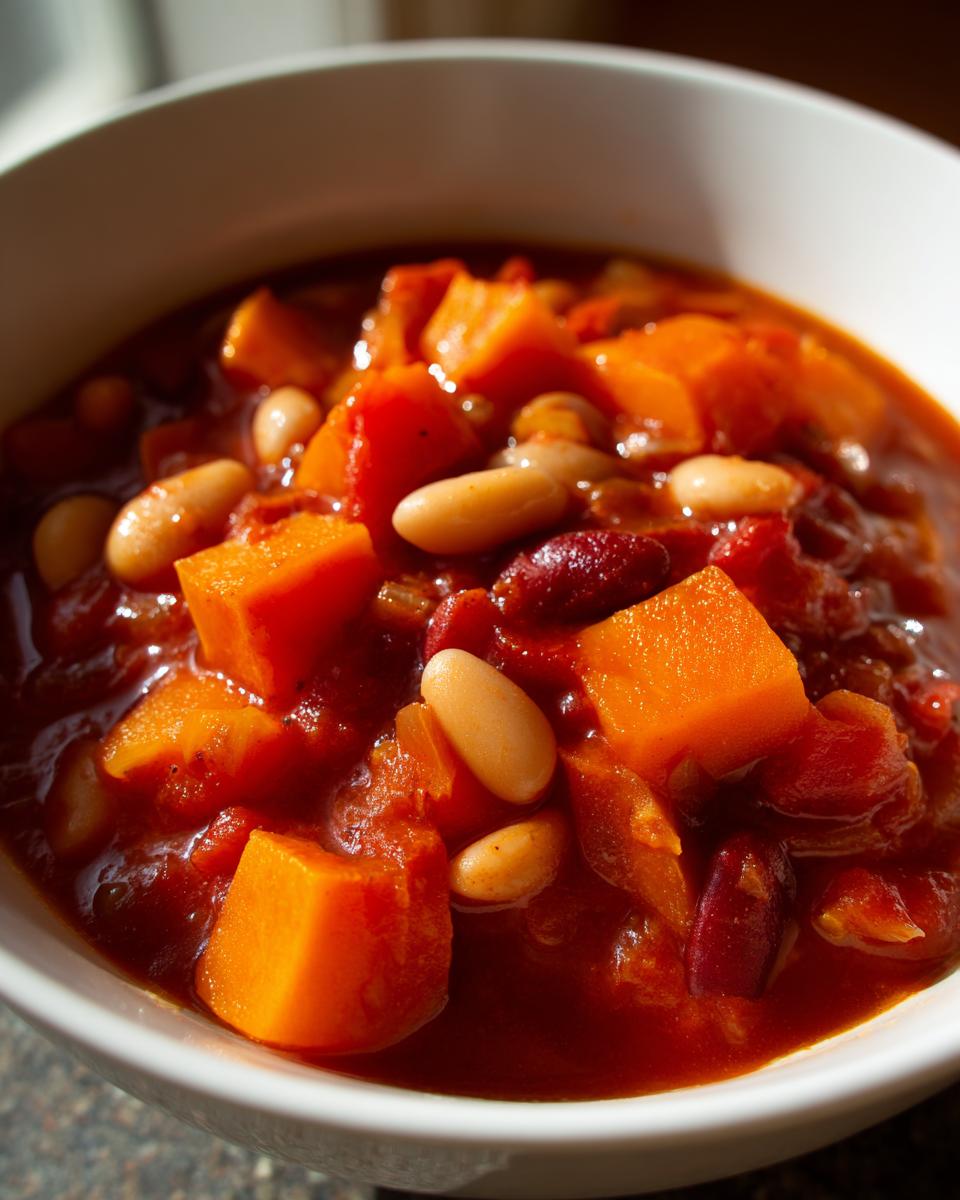 Close-up of a white bowl filled with rich, red butternut squash chili featuring large chunks of orange squash and mixed beans.