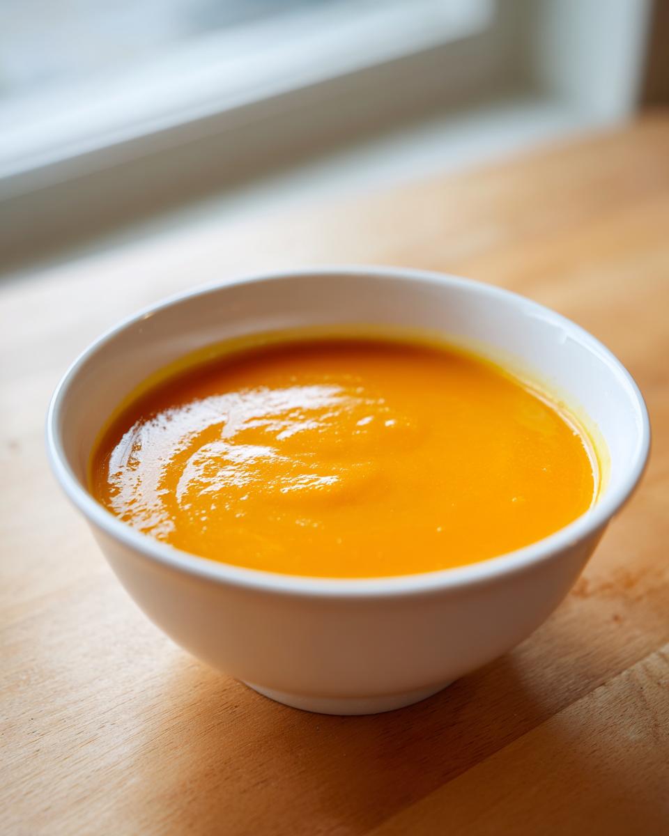 A close-up of creamy, bright orange butternut squash soup served in a white bowl on a wooden surface.