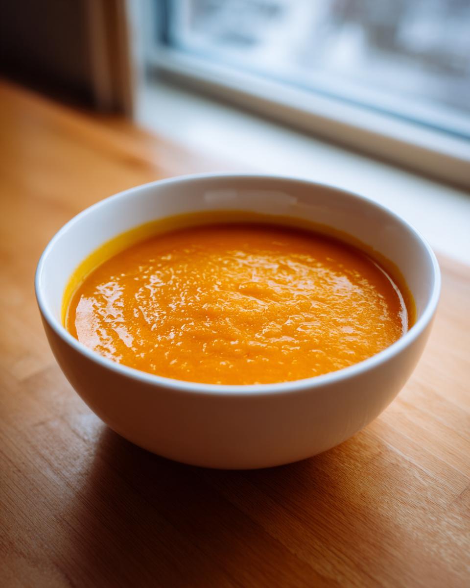 A close-up of a white bowl filled with vibrant orange butternut squash soup, set on a wooden surface near a window.