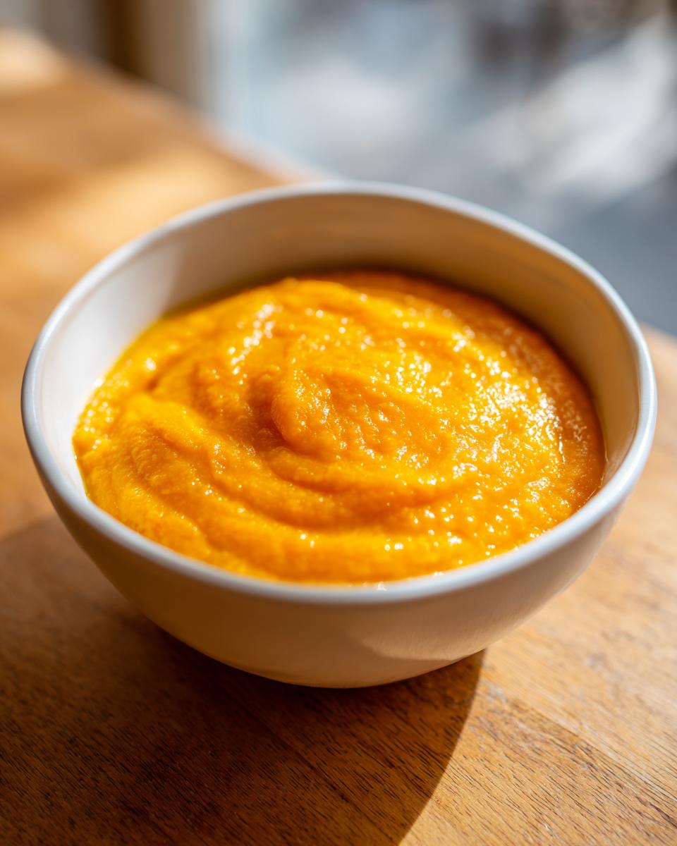 Close-up of vibrant orange butternut squash soup served in a white bowl on a wooden surface.