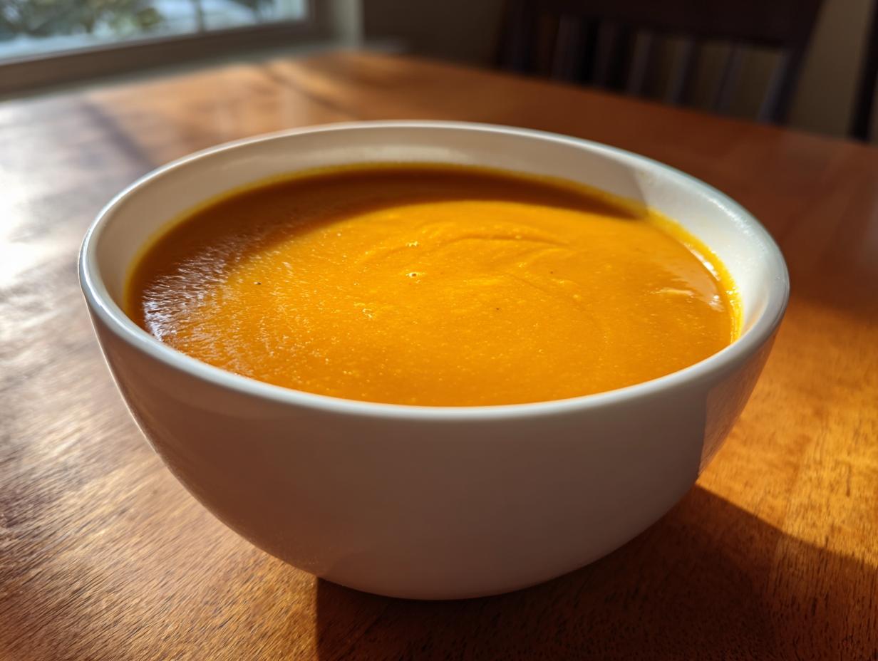 A close-up of a white bowl filled with vibrant orange butternut squash soup, sitting on a wooden table.