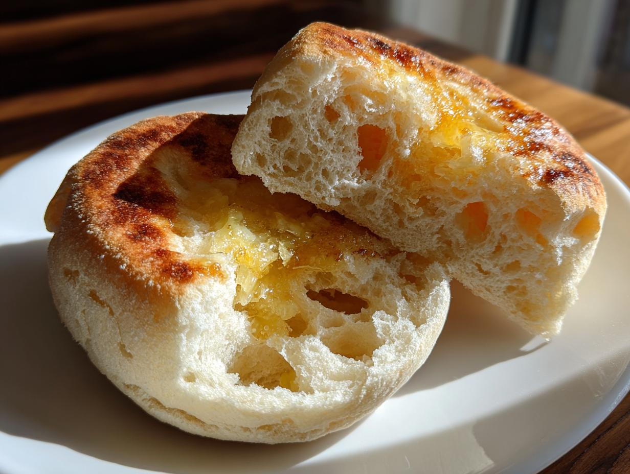 A split homemade English muffin showing its airy texture, covered in melted butter, resting on a white plate.