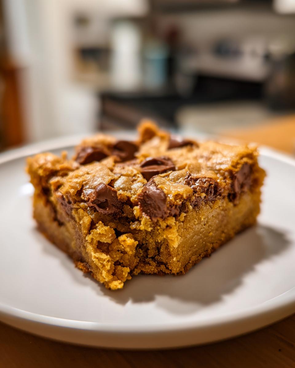 A single, thick square of golden brown cake mix cookie bars topped with melted chocolate chips, served on a white plate.