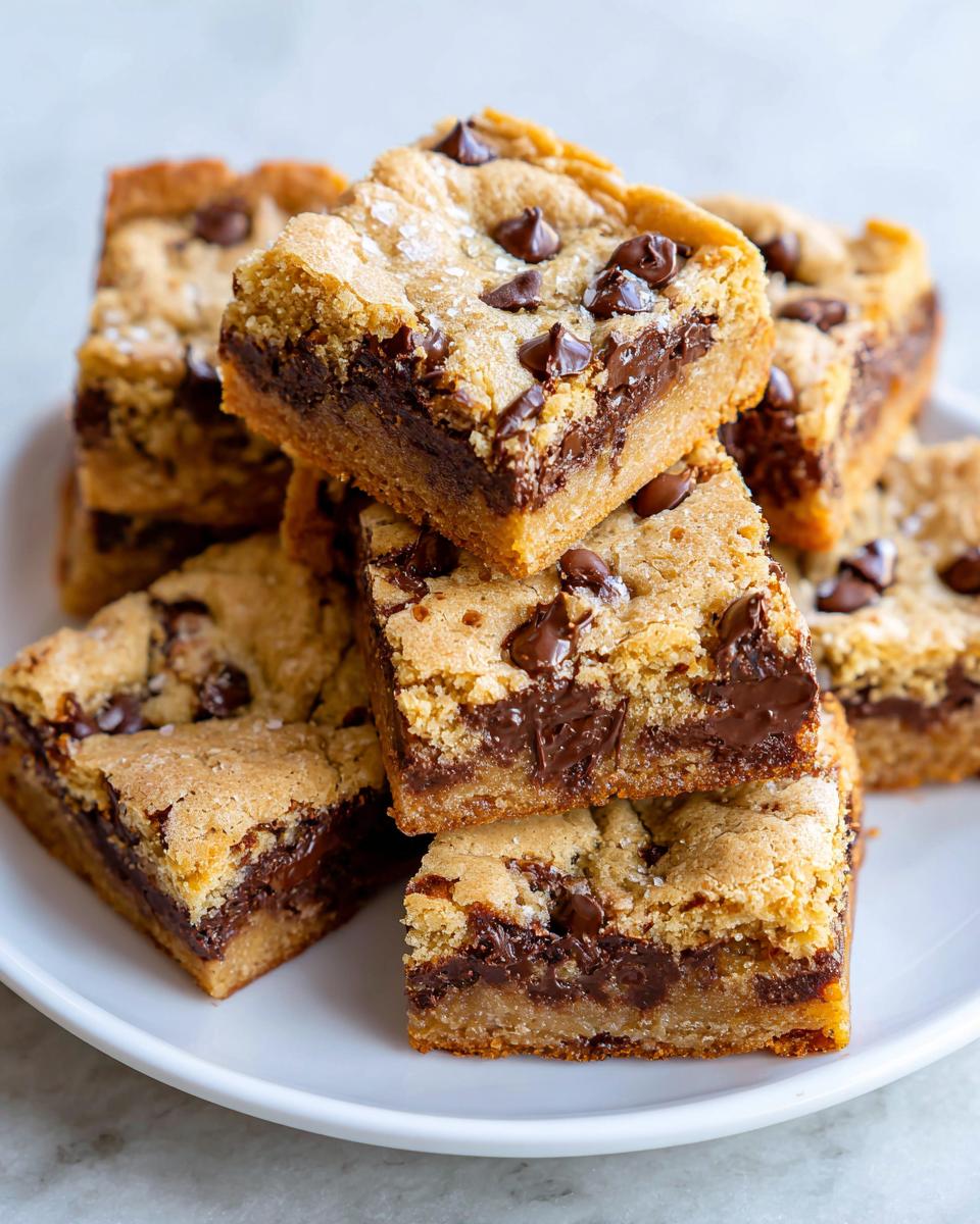 A stack of rich, gooey cake mix cookie bars loaded with melted chocolate chips, sprinkled with sea salt.