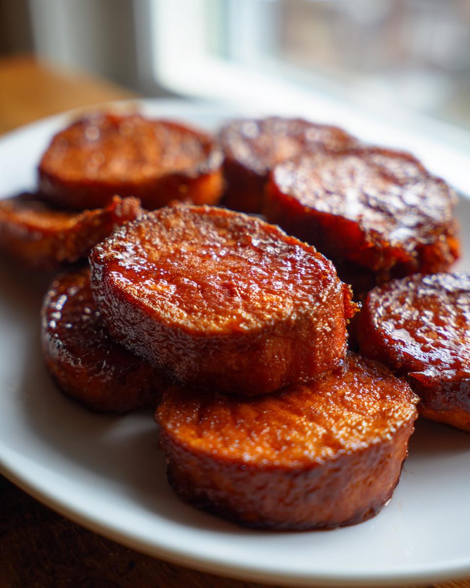 A close-up stack of thick, round candied sweet potatoes slices with a rich, glossy glaze.