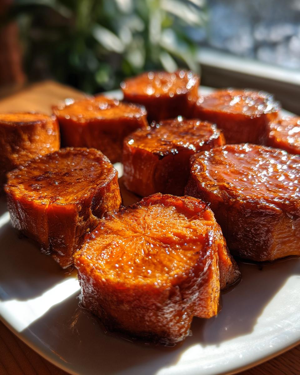 Close-up of several thick slices of candied sweet potatoes, glistening with a rich, dark glaze.