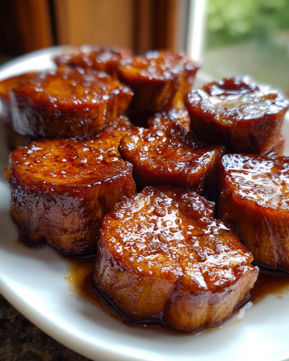 Close-up of thick-cut candied sweet potatoes coated in a rich, glossy brown sugar glaze.