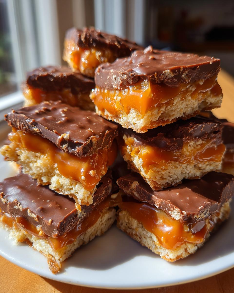 Close-up of stacked Caramel Ritz Cracker Christmas Cookies showing the crispy base, gooey caramel, and chocolate topping.
