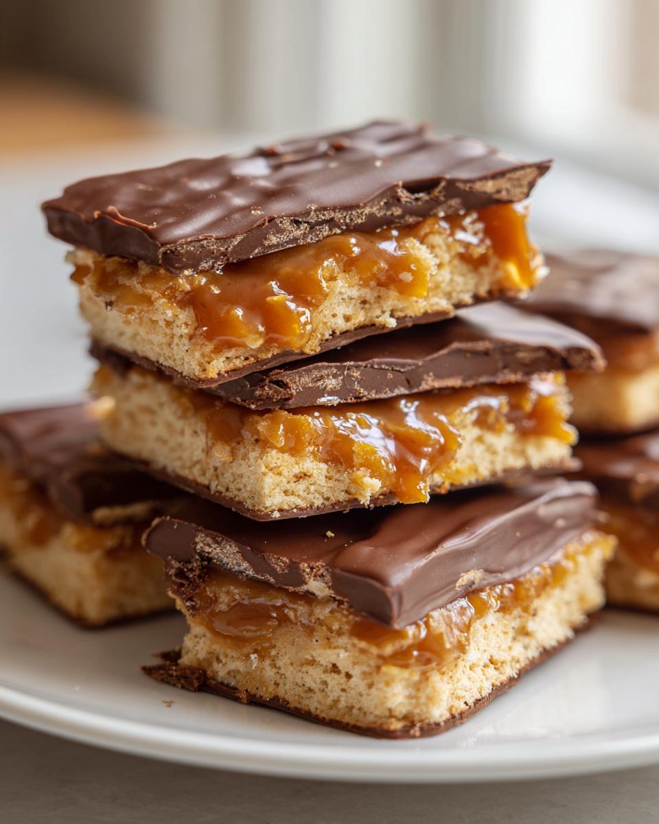 Close-up of stacked Caramel Ritz Cracker Christmas Cookies bars showing the cracker base, gooey caramel, and chocolate topping.