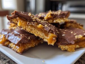 Close-up of stacked Caramel Ritz Cracker Christmas Cookies showing a buttery cracker base, gooey caramel center, and chocolate topping.