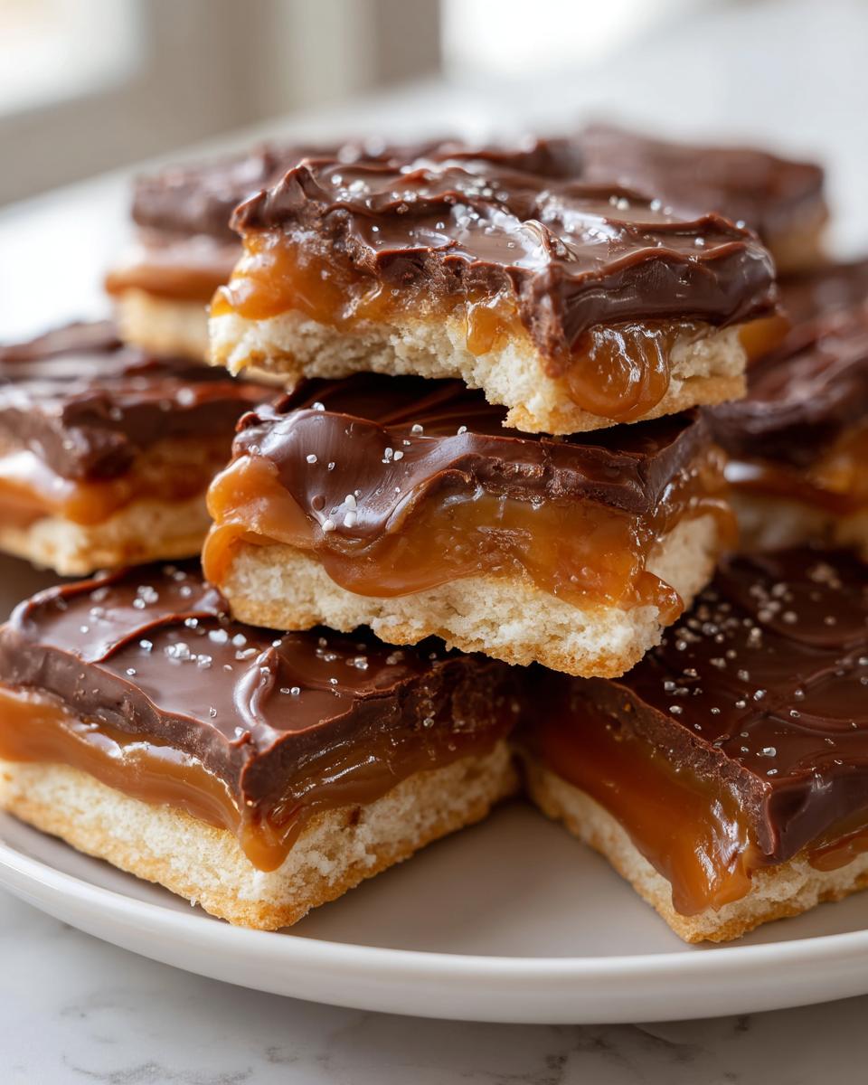 Close-up of stacked Caramel Ritz Cracker Christmas Cookies squares topped with chocolate and sea salt.