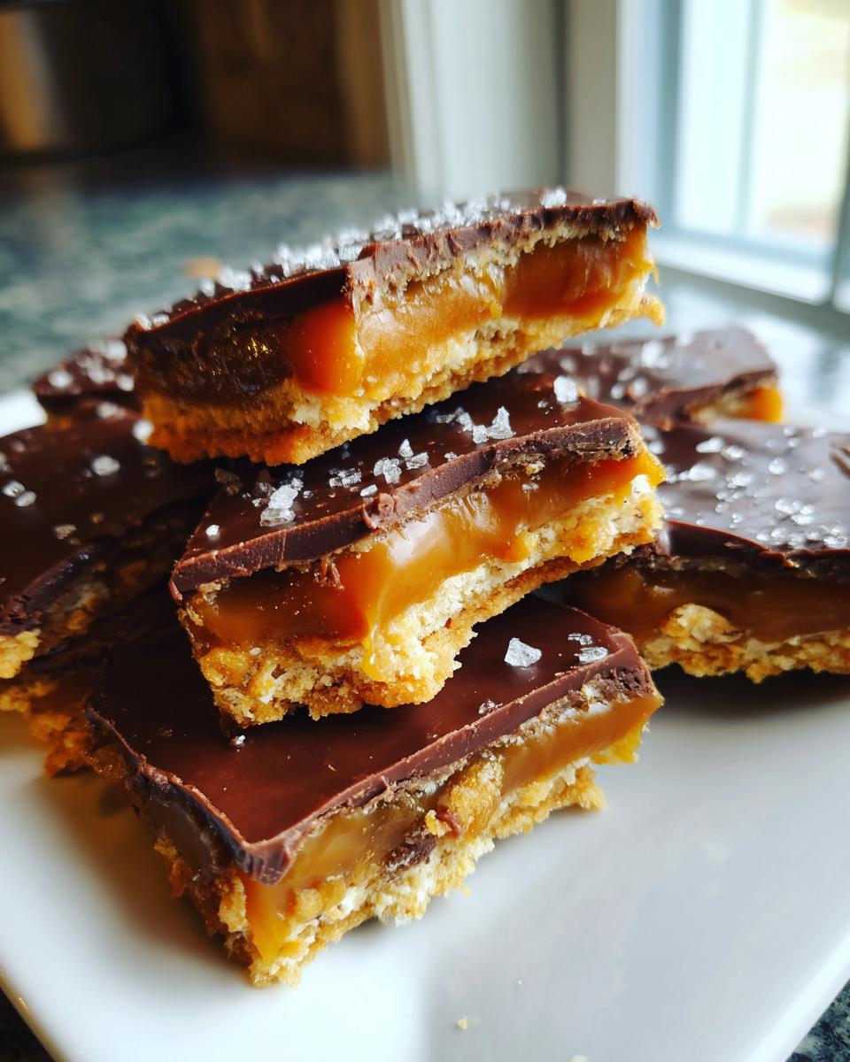 Close-up of stacked Caramel Ritz Cracker Christmas Cookies showing layers of chocolate, gooey caramel, and cracker base, topped with sea salt.