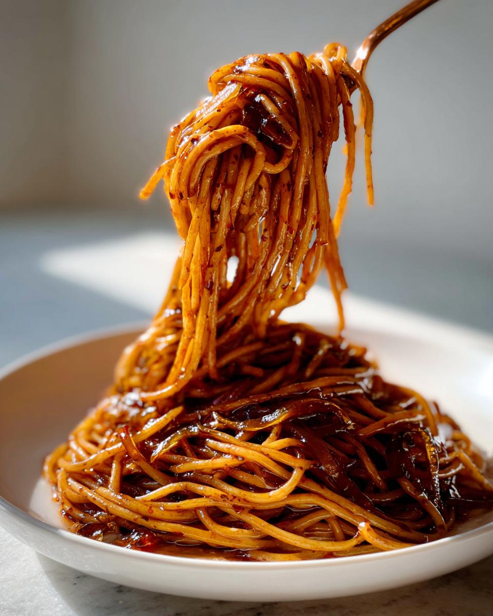 A fork lifting a generous portion of glossy, dark caramelized onion pasta high above a white bowl.