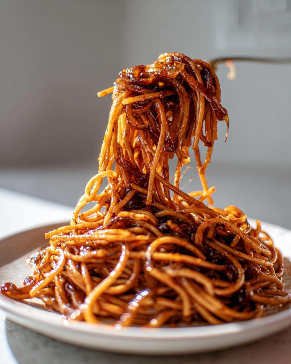 Close-up of spaghetti noodles coated in a rich, dark sauce being lifted from a plate, showcasing the caramelized onion pasta.