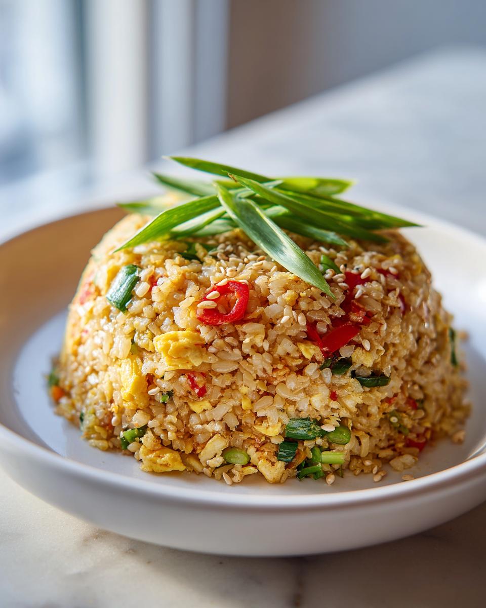 A mound of golden cauliflower fried rice topped with sliced green onions and sesame seeds.