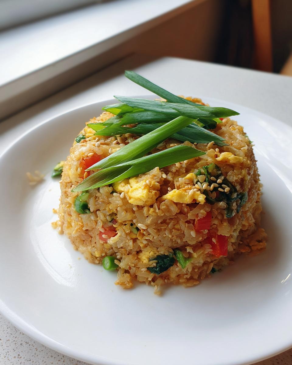 A mound of savory cauliflower fried rice, mixed with egg and vegetables, topped with fresh green scallions.